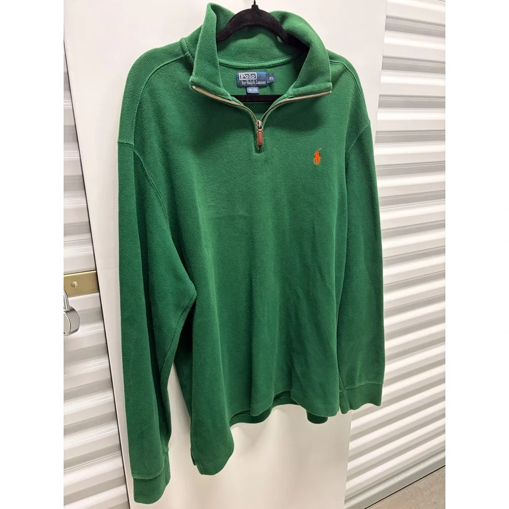 Polo Ralph Lauren Quarter Zip Pullover Mens XL Green Orange Pony Good